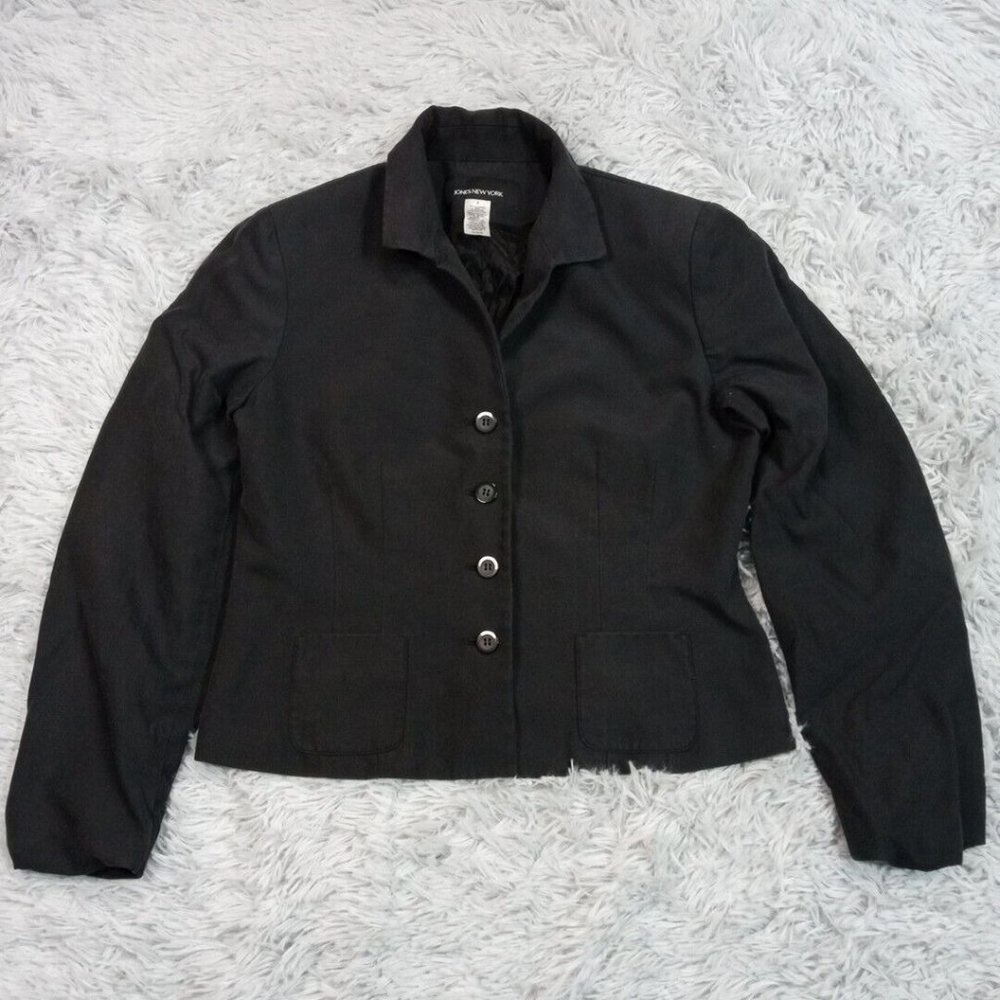 Vintage Jones New York Womens Blazer Jacket Black 4 Silk Button Up Shoulder Pads